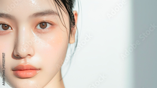 Close Up, Beauty Portrait of Young Asian Woman with Glowing Skin, Natural Makeup, and Wet Hair in Sunlight with Copy Space