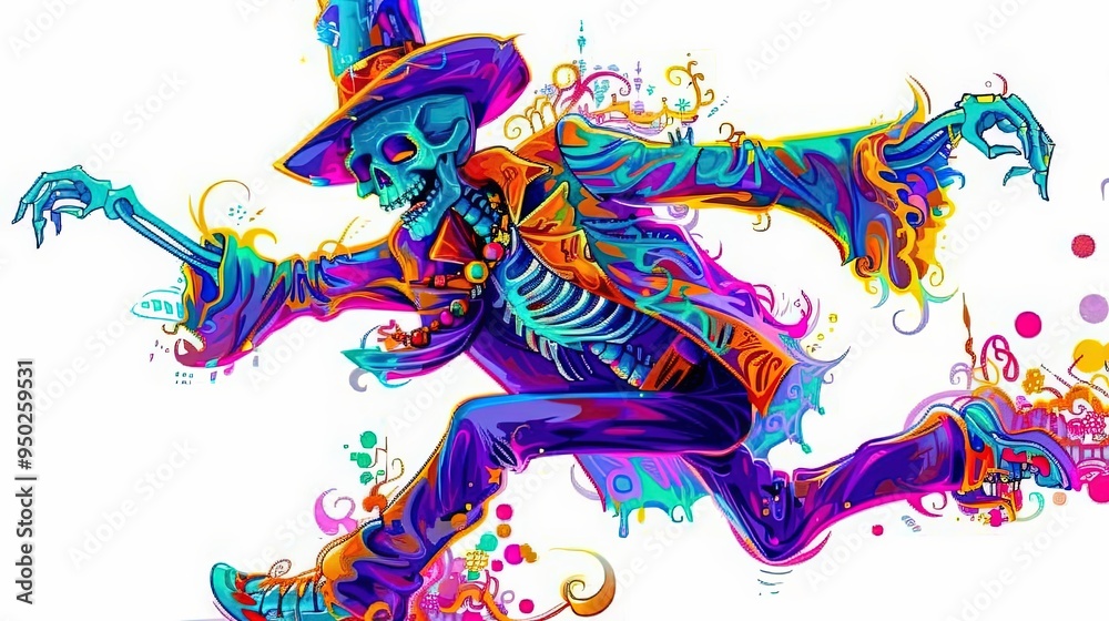 a dancing skeleton with a top hat, Halloween element, cartoon illustration, vibrant colors, isolated on white background. a dancing skeleton with a top hat, Halloween element, cartoon illustration, vibrant colors, isolated on white background.