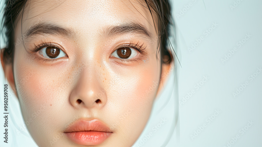 Close Up Portrait Beautiful Young Asian Woman with Flawless Skin and Brown Eyes Looking at Camera on Light Blue Background with Copy Space Beauty Skincare and Cosmetics Concept Close Up Portrait Beautiful Young Asian Woman with Flawless Skin and Brown Eyes Looking at Camera on Light Blue Background with Copy Space Beauty Skincare and Cosmetics Concept