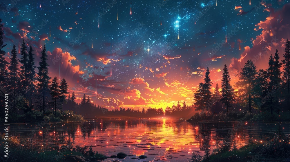 A calming sunset by a lake, accented by meteors falling in the sky, mirroring the beautiful colors in the water, surrounded by a tranquil forest, capturing a serene moment. A calming sunset by a lake, accented by meteors falling in the sky, mirroring the beautiful colors in the water, surrounded by a tranquil forest, capturing a serene moment.