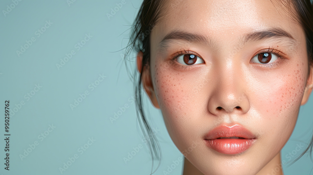 Close Up Portrait Beautiful Asian Young Woman with Freckles Clean Skin Natural Make Up Cosmetic Beauty Concept Isolated on Blue Background Looking at Camera Close Up Portrait Beautiful Asian Young Woman with Freckles Clean Skin Natural Make Up Cosmetic Beauty Concept Isolated on Blue Background Looking at Camera