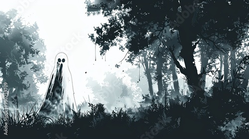 a ghost floating through a spooky forest, Halloween atmosphere, ink illustration, dark and misty, isolated on white background.