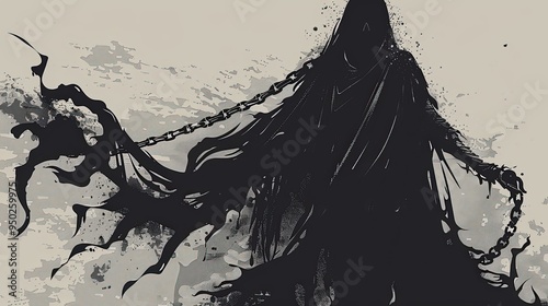 a ghost with a scary face and chains, Halloween element, vector art, dark shades, isolated on white background.