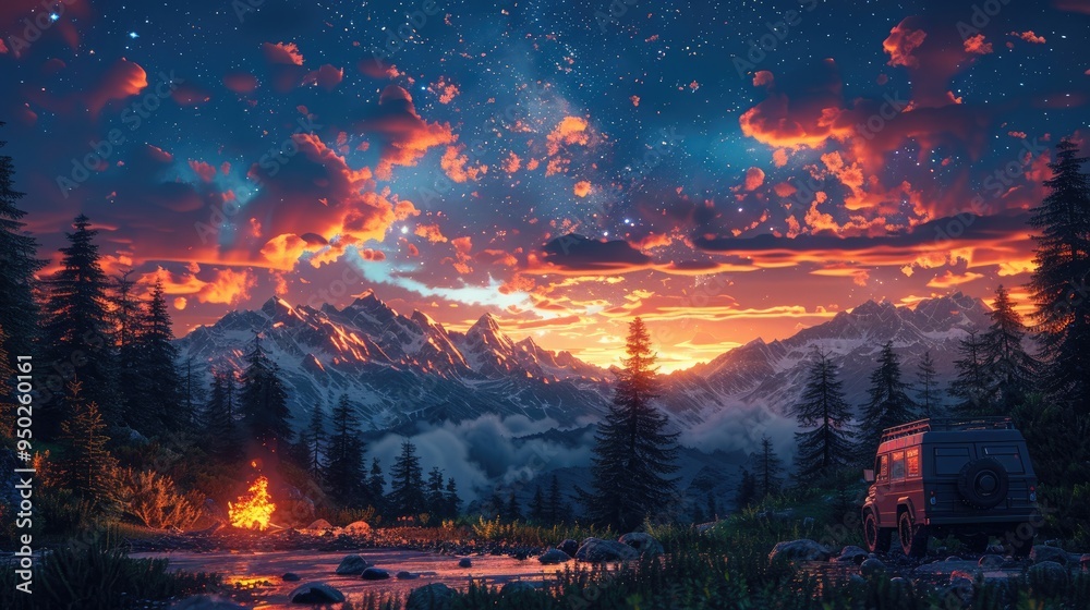 A mesmerizing scene with a campfire burning near a vehicle under a starlit meadow, surrounded by pine trees and majestic mountains in the vibrant twilight sky. A mesmerizing scene with a campfire burning near a vehicle under a starlit meadow, surrounded by pine trees and majestic mountains in the vibrant twilight sky.