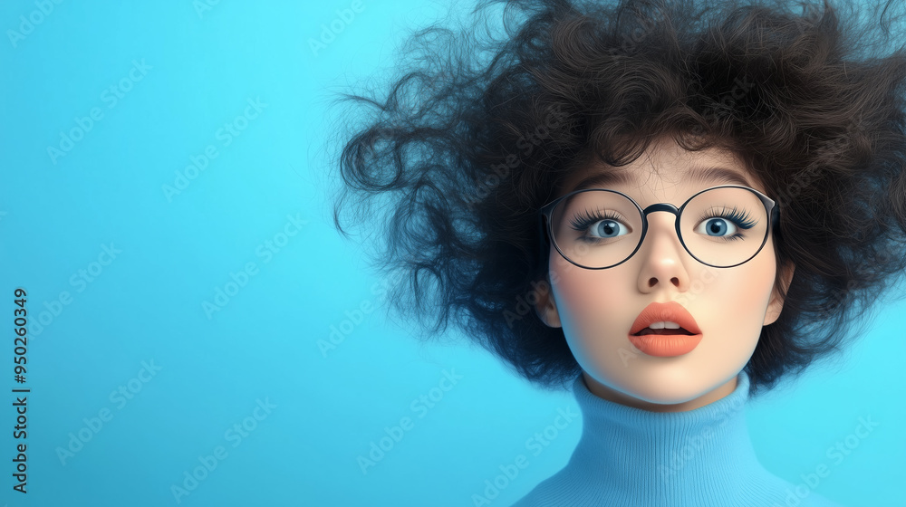 Young woman with curly hair poses in blue against a backdrop