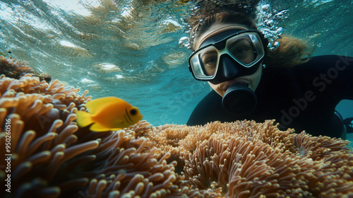 poisson exotique dans les coraux observé par une plongeuse dans les eaux peu profonde du récif