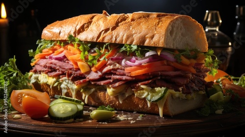 A tantalizingly large and generously stuffed sandwich with meat, vegetables, cheese, and coleslaw. photo