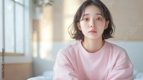 Free Download A serene young woman in a pastel room, gazing thoughtfully out of window light, embodies calmness and introspection. - GFXLoad