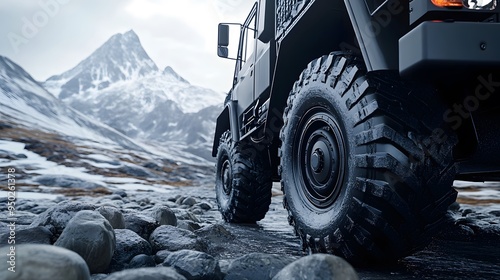 A black truck with large wheels is driving on the rocky mountain road, close-up of the tires and truck, cinematic shot, commercial photography, advertising poster style, winter background, high