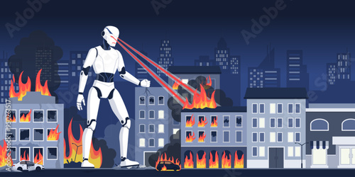 Angry crazy giant AI robot destroying the city