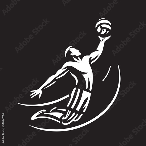 a vector logo featuring the outline of a man performing a jump serve in volleyball.