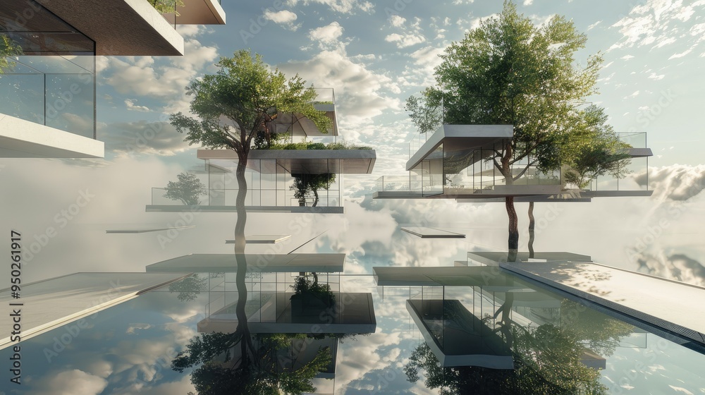 Fototapeta premium Floating architectural concept with interconnected buildings and sky bridges