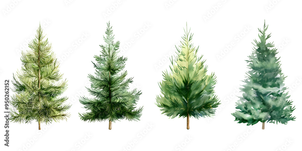 A set of Christmas trees isolated on a transparent background, featuring different sizes and decorations.. A set of Christmas trees isolated on a transparent background, featuring different sizes and decorations..