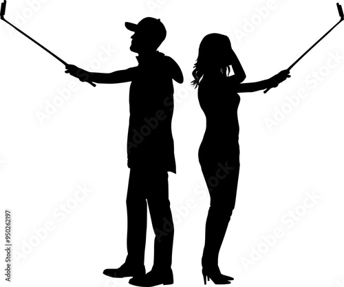 Vektor Silhouette - Zwei Personen mit dem Selfiestick - Posing für ein Video oder Foto - Gesellschaft - Generation Online und Digital
