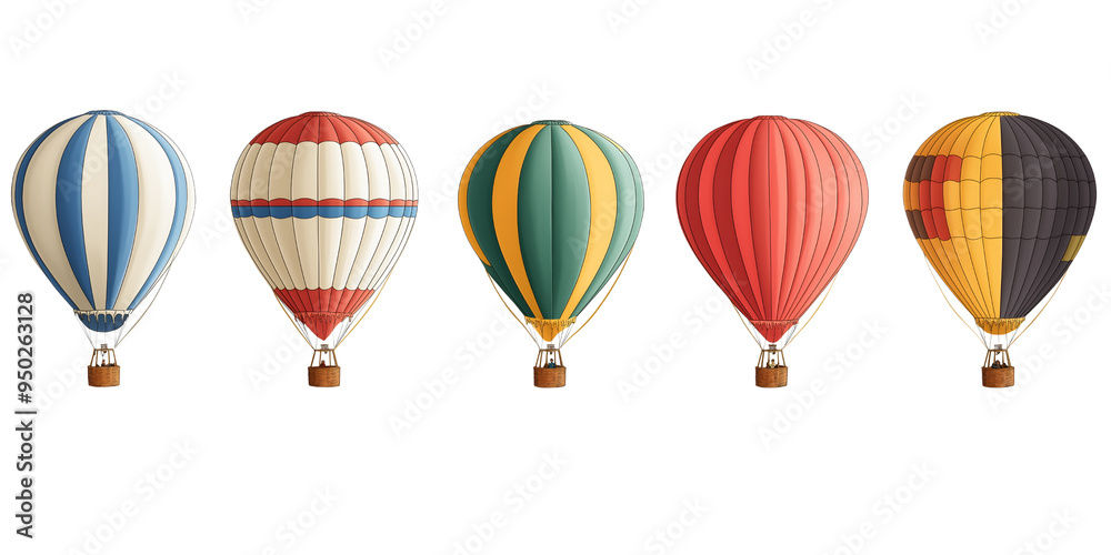 A collection of colorful hot air balloons on a transparent background, each with unique patterns and designs.. A collection of colorful hot air balloons on a transparent background, each with unique patterns and designs..