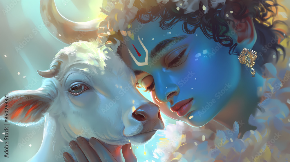 Religious Cow Cute little baby Krishna with a sacred cow. Indian religious festival ...