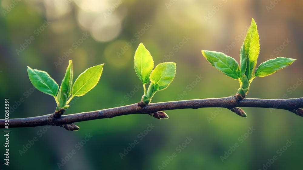 Fresh green leaves budding on tree branches Fresh green leaves budding on tree branches
