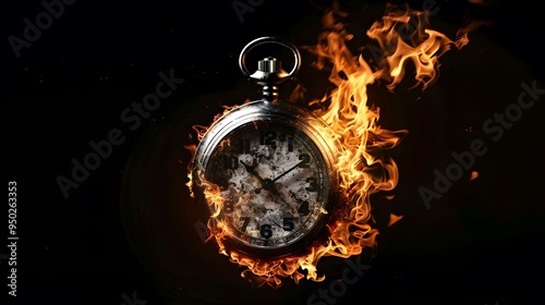 A vintage alarm clock engulfed in flames, rush hour , time runiing out. photo