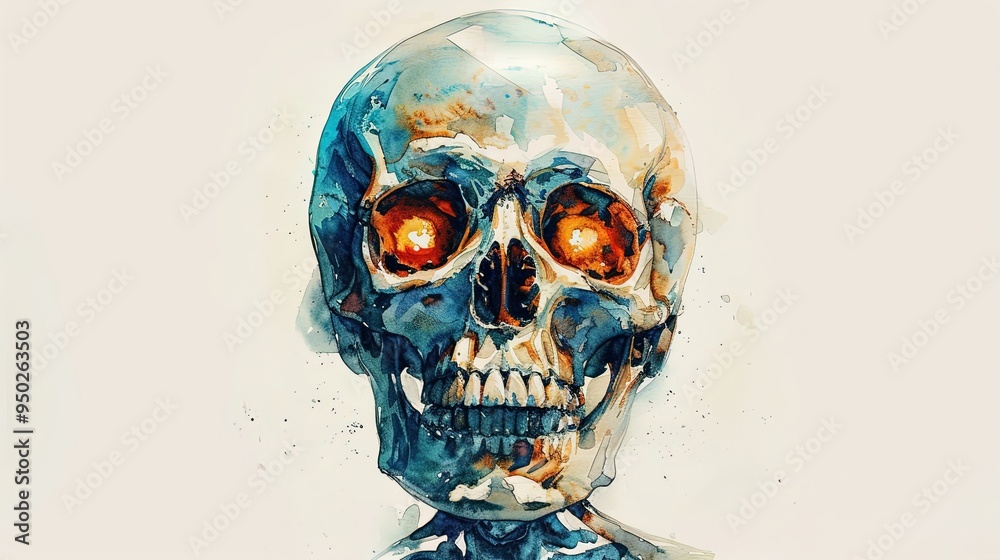 a skeleton with glowing eyes and a sinister grin, Halloween symbol, watercolor painting, pale hues, a skeleton with glowing eyes and a sinister grin, Halloween symbol, watercolor painting, pale hues,