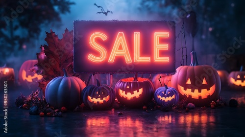 Spooky Halloween sale with glowing jack-o'-lanterns, neon sale sign, eerie background, and pumpkins. Perfect for seasonal promotions. photo