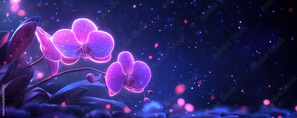 Glowing pink orchid flowers in a magical night sky Glowing pink orchid flowers in a magical night sky