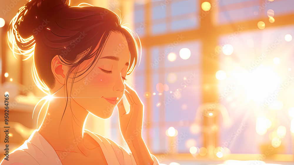 Beautiful Asian woman with closed eyes touching her face Skin care ...
