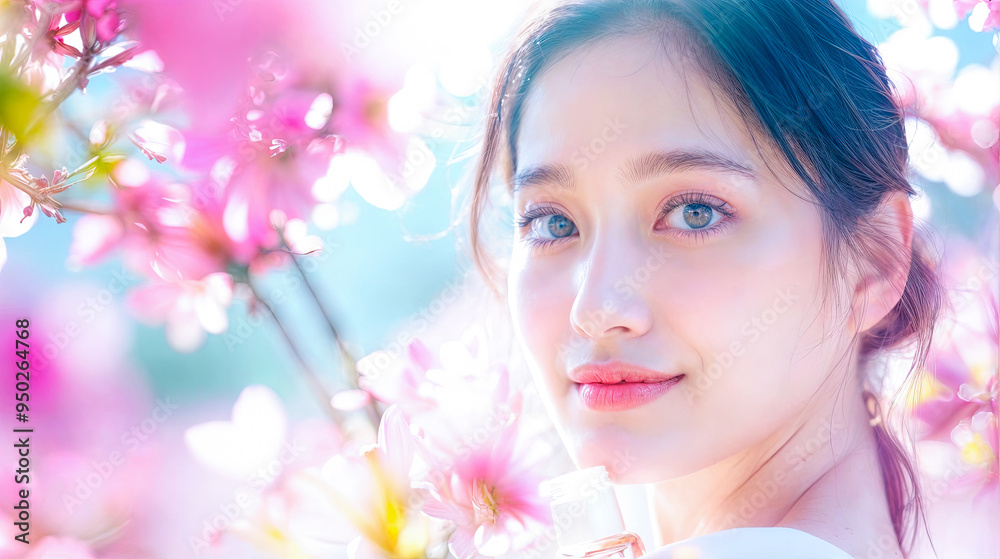 Beautiful Asian Woman with Glowing Skin among Pink Flowers Skincare Beauty Portrait Spring Blossom Floral Fragrance Perfume Cosmetics Beautiful Asian Woman with Glowing Skin among Pink Flowers Skincare Beauty Portrait Spring Blossom Floral Fragrance Perfume Cosmetics