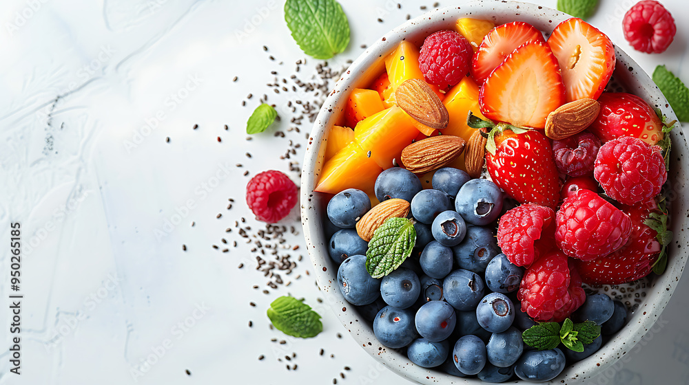 Chia pudding topped with fresh fruits and nuts