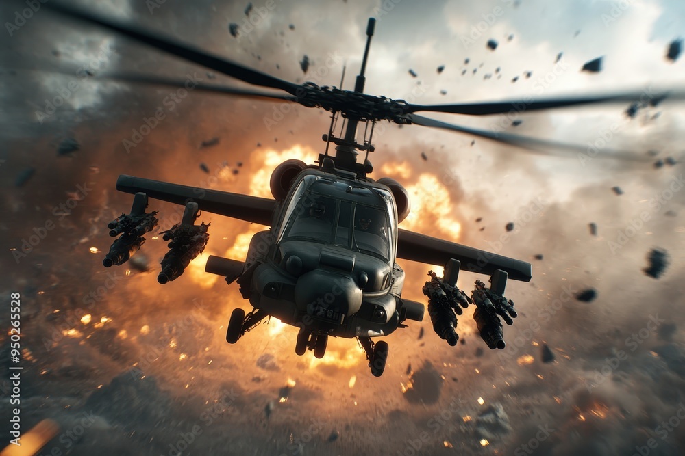 A helicopter flies bravely through a massive explosion, with debris falling all around, showcasing a perilous moment of combat and military might in the heat of battle. A helicopter flies bravely through a massive explosion, with debris falling all around, showcasing a perilous moment of combat and military might in the heat of battle.