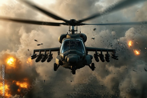 A combat helicopter soars through a battlefield, while explosions and debris cloud the sky, capturing a dynamic and intense scene of aerial warfare in action. photo