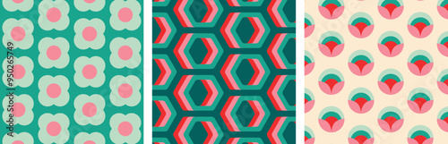 Christmas Retro Patterns Bundle Set in Green, Turquoise Pink, Red and Beige, xmas vector pattern design, 60s and 70s retro aesthetic style