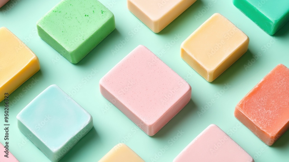 Colorful Pastel Soap Bars on Mint Green Background. Colorful Pastel Soap Bars on Mint Green Background.