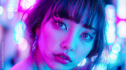 Close Up Portrait Beautiful Young Woman with Neon Pink and Blue Lights Reflecting on Her Face Cyberpunk