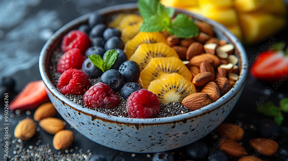 Chia pudding topped with fresh fruits and nuts Chia pudding topped with fresh fruits and nuts