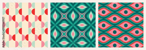 Christmas Retro Patterns Bundle Set in Green, Turquoise Pink, Red and Beige, xmas vector pattern design, 60s and 70s retro aesthetic style