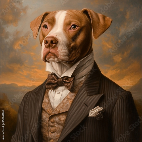 Fun dog painting portrait dressed in vintage clothing.