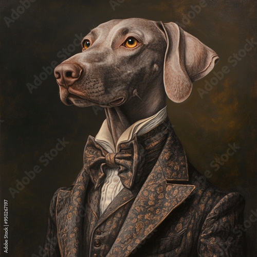 Fun dog painting portrait dressed in vintage clothing.