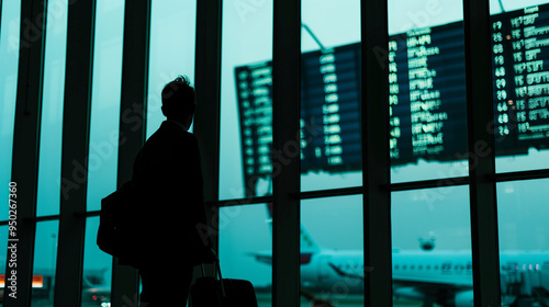 The distinct silhouette of a business professional is cast against the large airport window, their posture exuding a sense of anticipation as they gaze out towards the runway