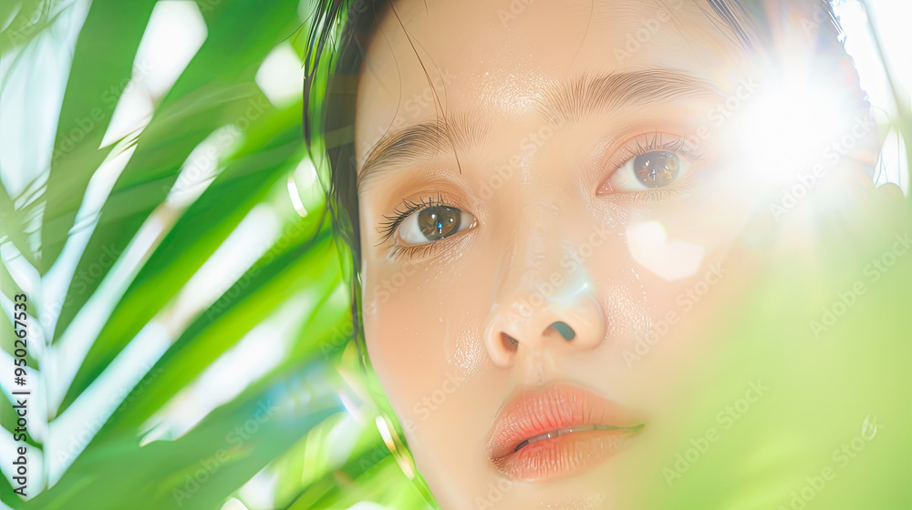 Beautiful Asian Woman with Fresh Glowing Skin Posing in Tropical Sunlight with Lush Green Palm Leaves, Skincare and Beauty Concept Beautiful Asian Woman with Fresh Glowing Skin Posing in Tropical Sunlight with Lush Green Palm Leaves, Skincare and Beauty Concept