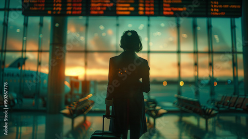The profile of a business traveler is etched in the airport window's light, their figure a picture of expectation as they look out onto the bustling tarmac, awaiting the signal for their flight's depa