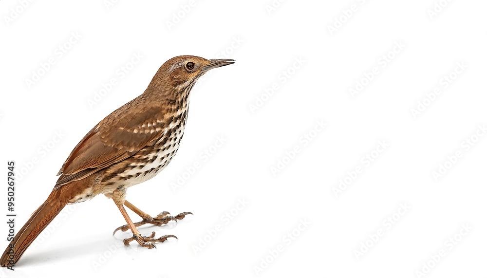 Fototapeta premium brown thrasher - Toxostoma rufum - is a bird in the family Mimidae, which also includes the New World catbirds and mockingbirds. isolated on white background with copy space