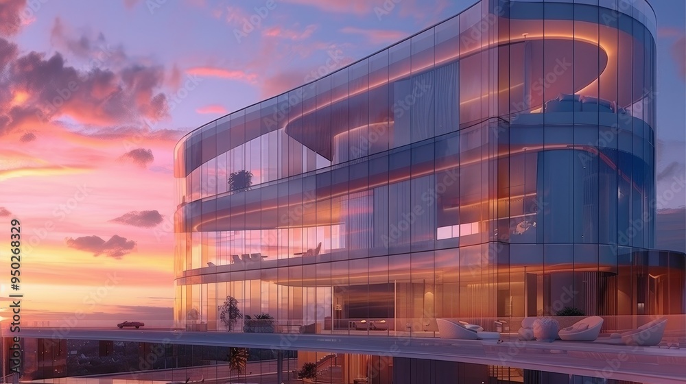 Obraz premium Futuristic skyscraper with curved glass walls reflecting the sunset