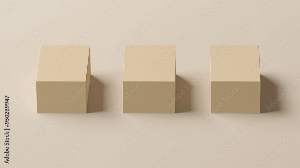 Three beige minimalist cardboard boxes mockup standing on beige background Three beige minimalist cardboard boxes mockup standing on beige background