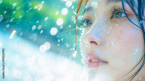 Close Up Portrait of Beautiful Young Woman With Wet Face and Water Droplets Looking Upwards Against Blurred Background of Green Foliage and Sparkling Water Drops