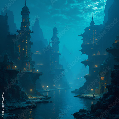 A serene underwater & fantasy city with bioluminescent buildings