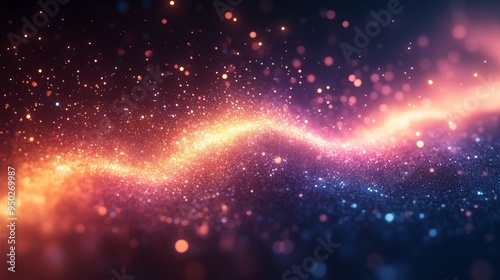 A dynamic, sparkling wave effect emerges from the glowing particles in vivid shades of purple, orange, and pink in this abstract close-up.