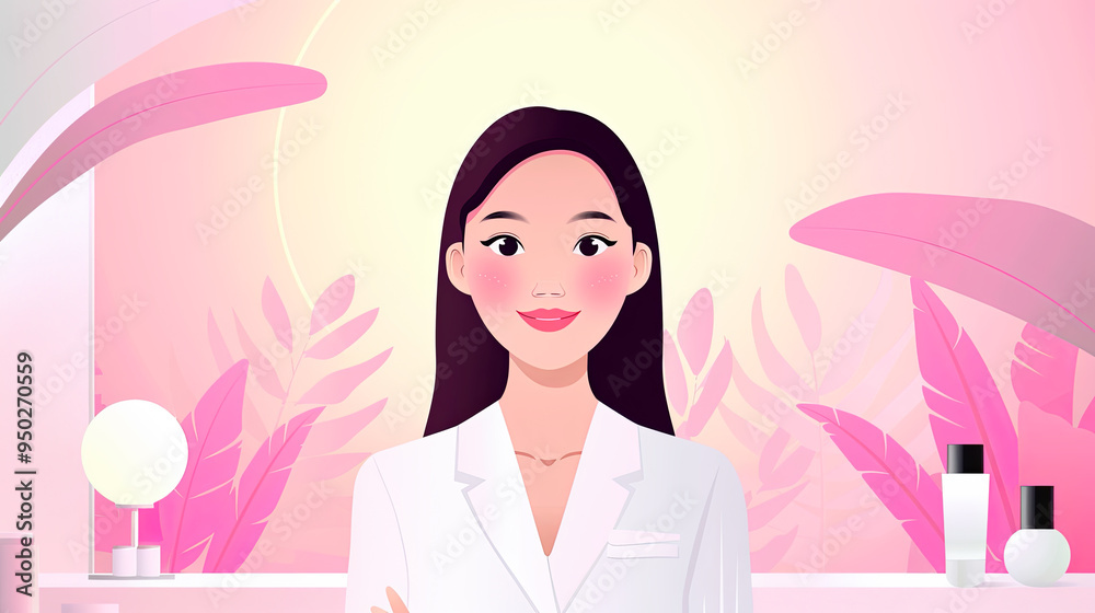 Beautiful Asian Female Dermatologist with Perfect Skin Posing in Clinic, Skincare Products, Pink Tropical Leaves Background, Beauty Salon, Cosmetology, Dermatology Clinic, Aesthetic Medicine Concept Beautiful Asian Female Dermatologist with Perfect Skin Posing in Clinic, Skincare Products, Pink Tropical Leaves Background, Beauty Salon, Cosmetology, Dermatology Clinic, Aesthetic Medicine Concept