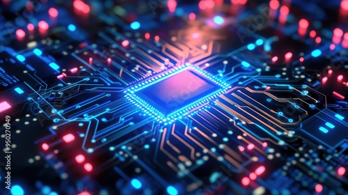 Glowing digital circuit board with cyber effects