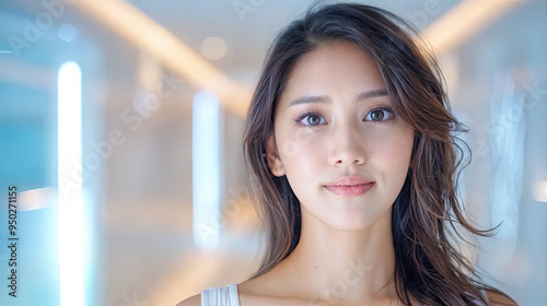 Beautiful Asian Woman with Natural Makeup in Modern Bright Building Interior Portrait - Headshot Stock Photo