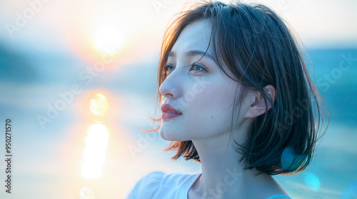 Beautiful Young Woman with Short Black Hair Looking at Golden Hour Sunset on Beach - Serene